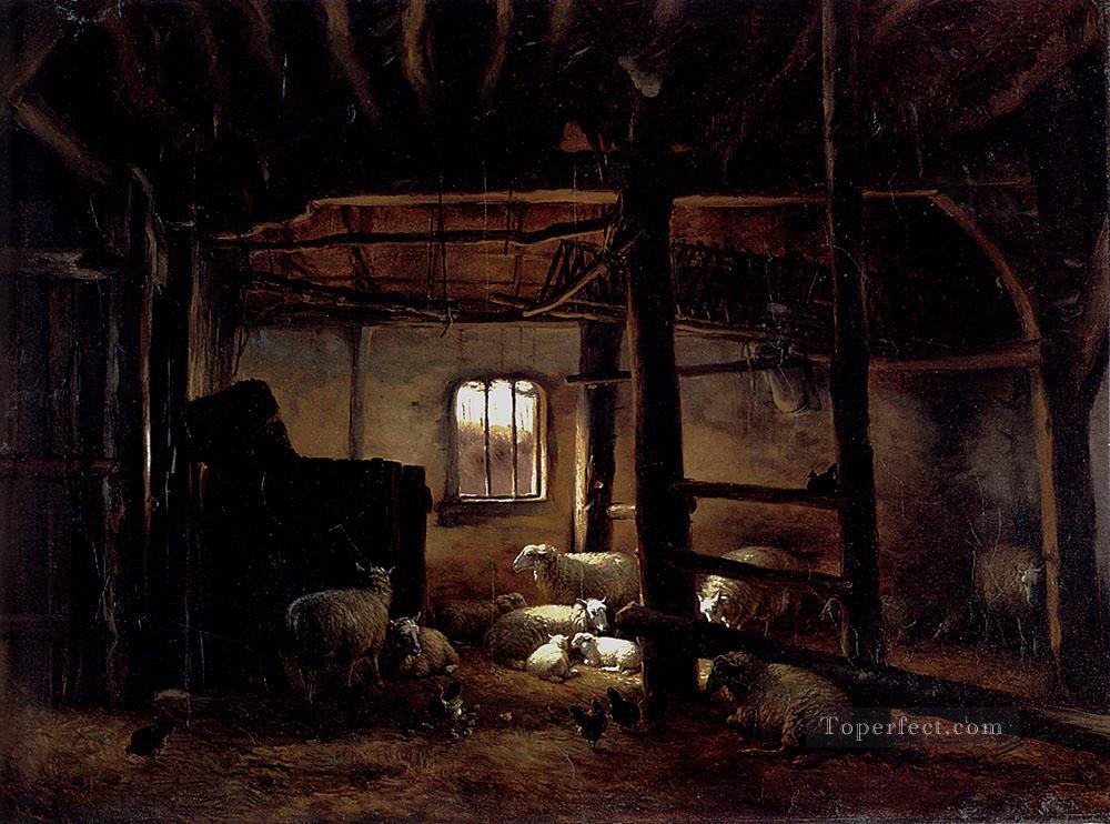 In The Stable Eugene Verboeckhoven animal sheep Oil Paintings